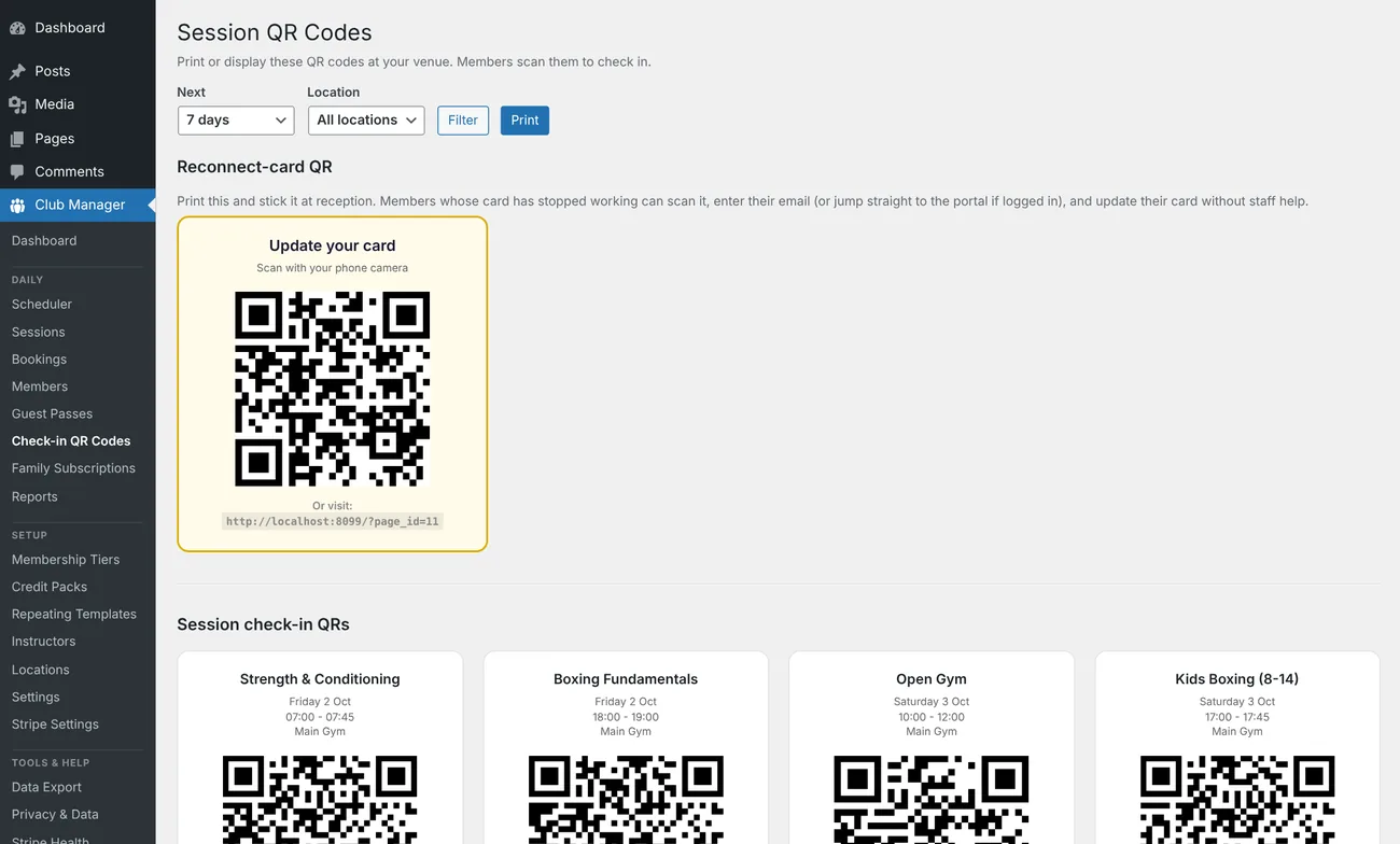 QR codes for each class, ready to print for the door, plus a code members scan to update their card