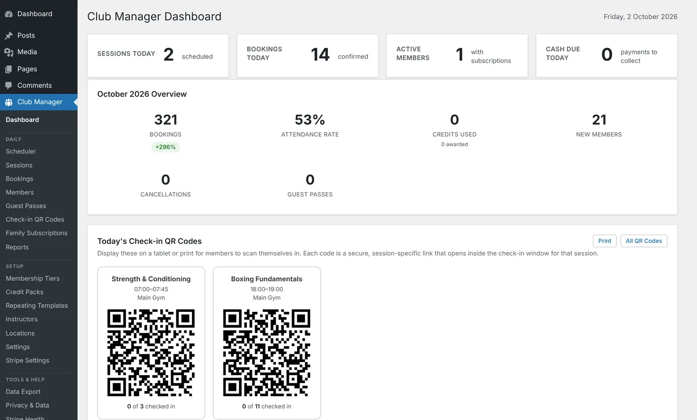 The Club Manager dashboard: sessions and bookings today, the month’s attendance and new members, and QR codes for today’s classes