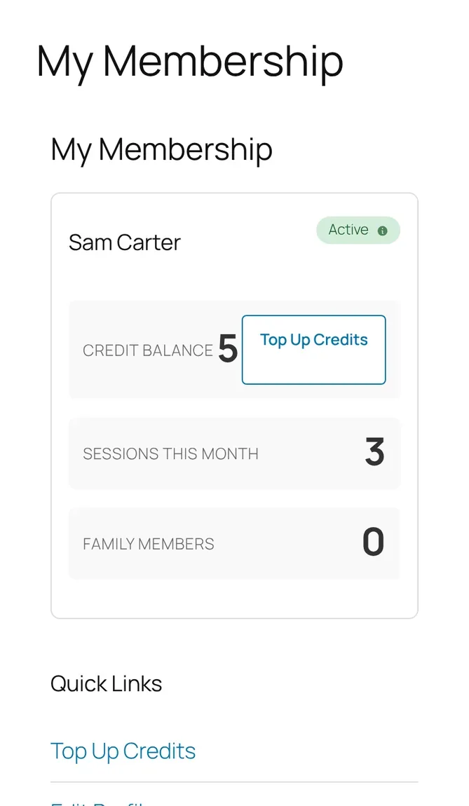 A member’s account on a phone: active membership, credit balance with a top-up button, and sessions this month