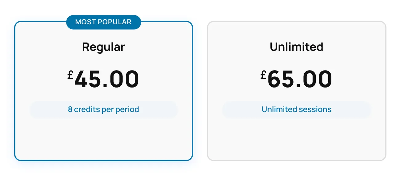 Membership plans on a club website: Regular at £45 with 8 credits, marked most popular, and Unlimited at £65