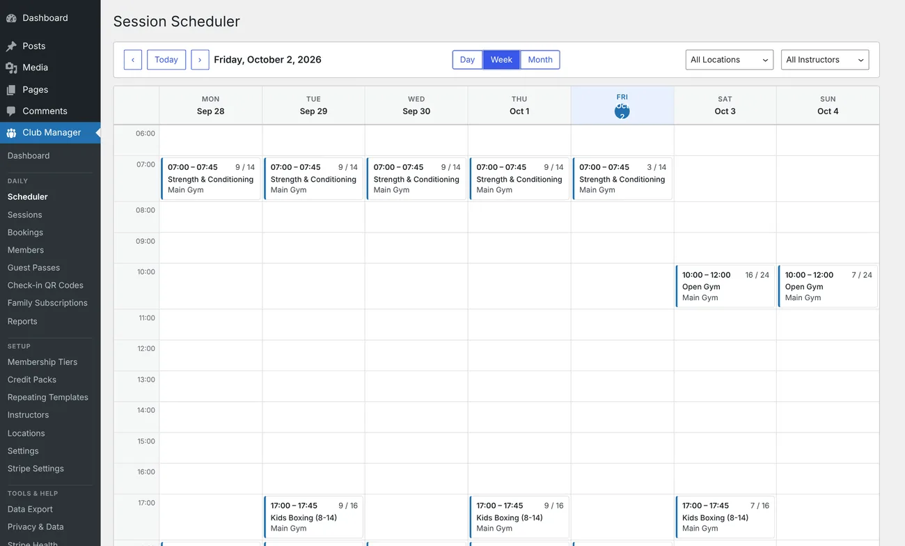 The session scheduler in WordPress, showing a week of classes with how many places are booked