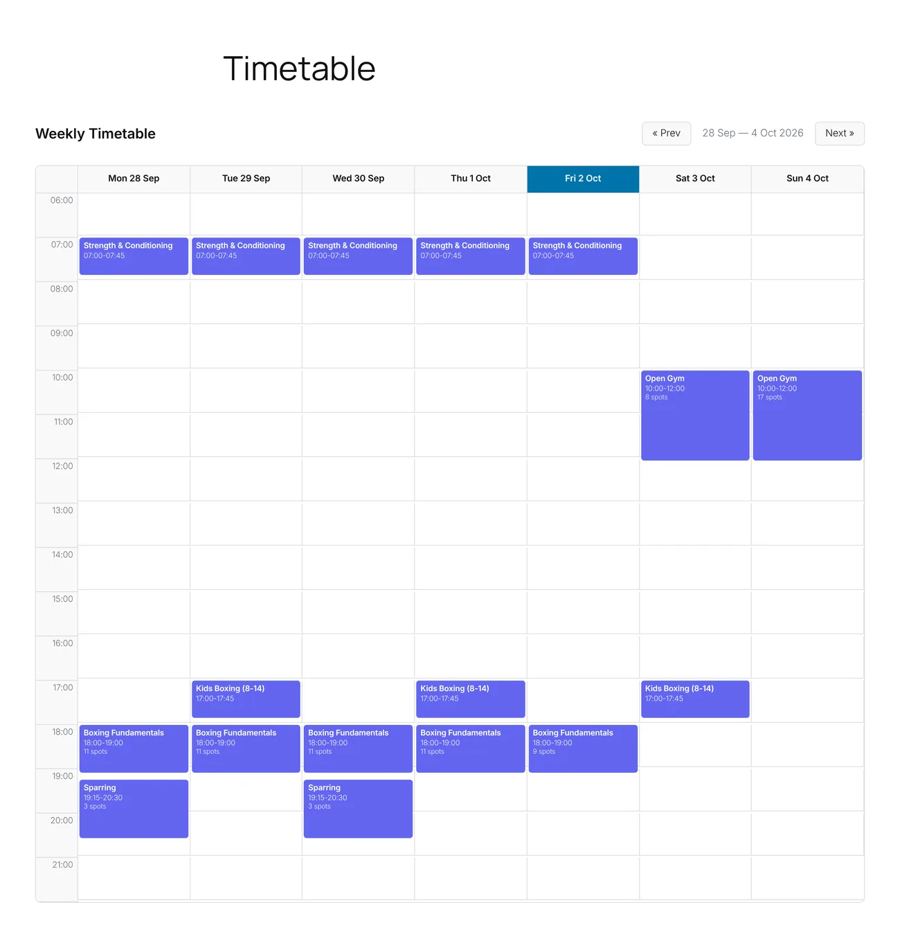 A weekly timetable of sessions