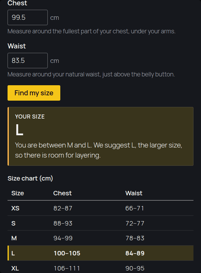 A dark-styled Size Finder result saying the shopper is between M and L, and suggesting L