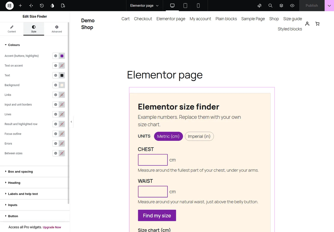 The Size Finder widget in the Elementor editor, with its Style tab open on the Colours section