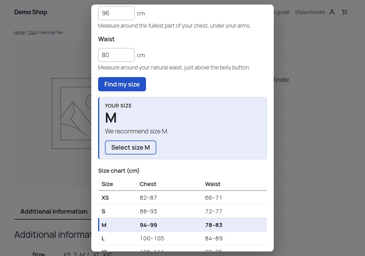 Size Finder on a product page recommending size M, with a Select size M button and the size chart below