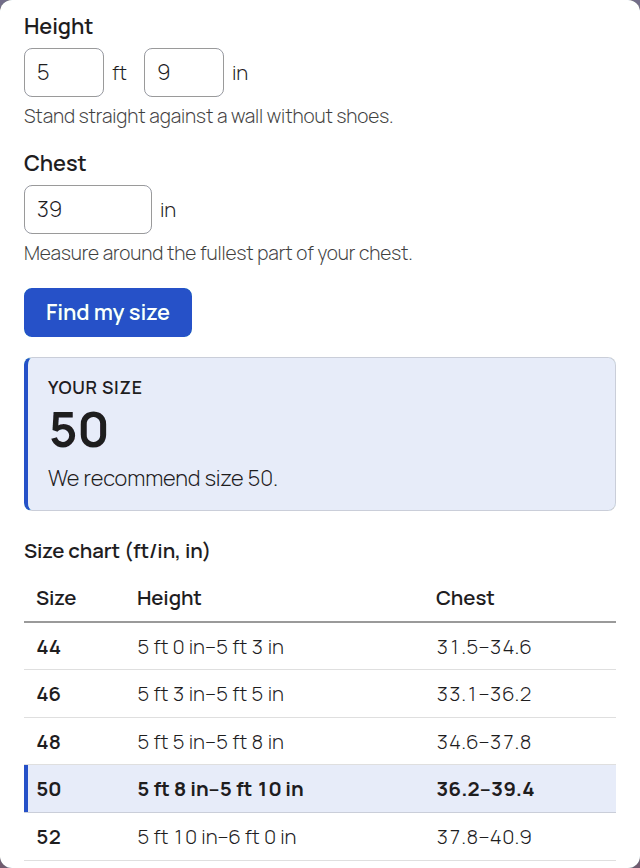 Size Finder with height entered as 5 ft 9 in, recommending size 50 from a chart shown in feet and inches