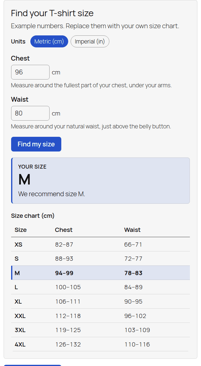 The Size Finder form recommending size M, with the full size chart below and the M row highlighted