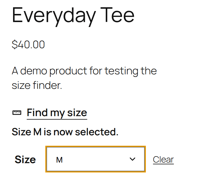 A WooCommerce product page with size M picked in the dropdown and the note Size M is now selected