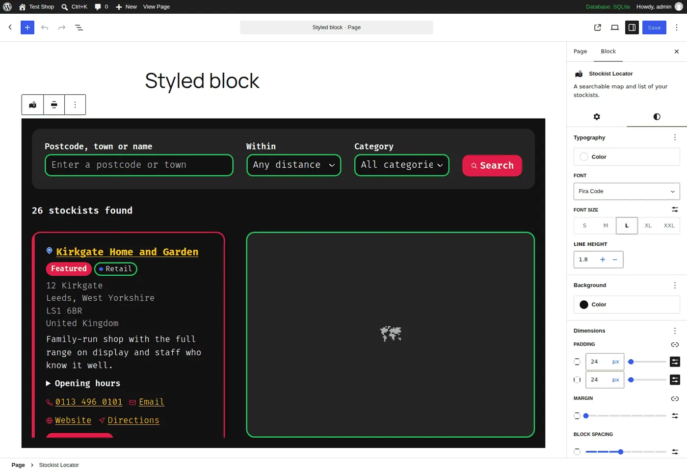 The Stockist Locator block restyled in the block editor using its design panels