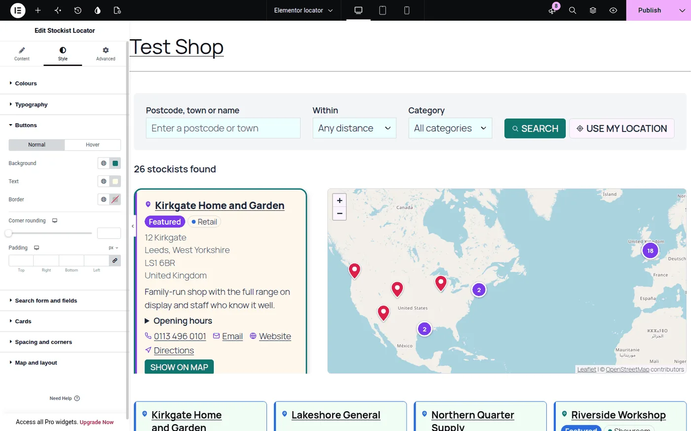 The Stockist Locator widget in the Elementor editor, with its Style tab open