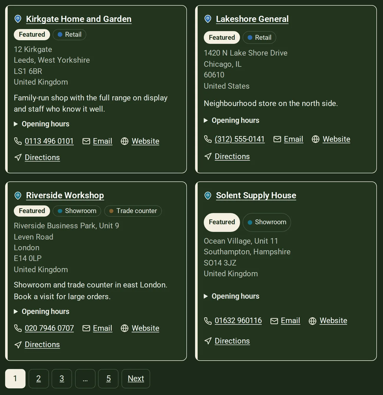 A grid of stockist cards on a dark green background, each with address, opening hours and contact links