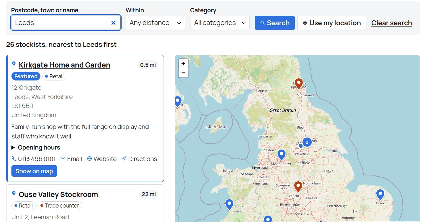 Stockist Locator showing 26 stockists, nearest to Leeds first, with a results list beside a map of the UK