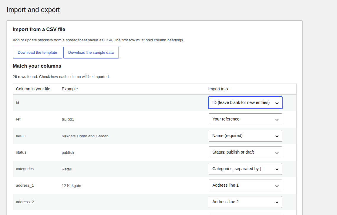The CSV import screen, matching spreadsheet columns to stockist fields