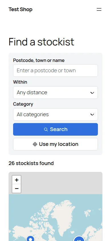 The locator on a phone, with the search form above the map